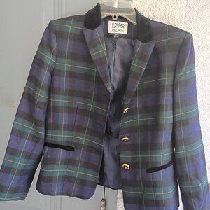 Vintage Kasper A.S.L. Petite Blue And Green Wool-Blend Plaid Blazer